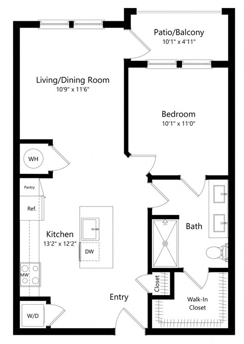 Floor plan for 1 bed, 1 bath, 678 sqft